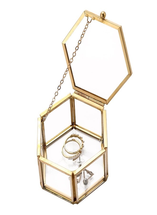 AMGSH Golden Vintage Glass Keepsake Box | Jwelry Lidded Box Decorative Glass Boxes for Display,Clear Hexagonal Box Rings Bracelet Earring Organizer - Image 1